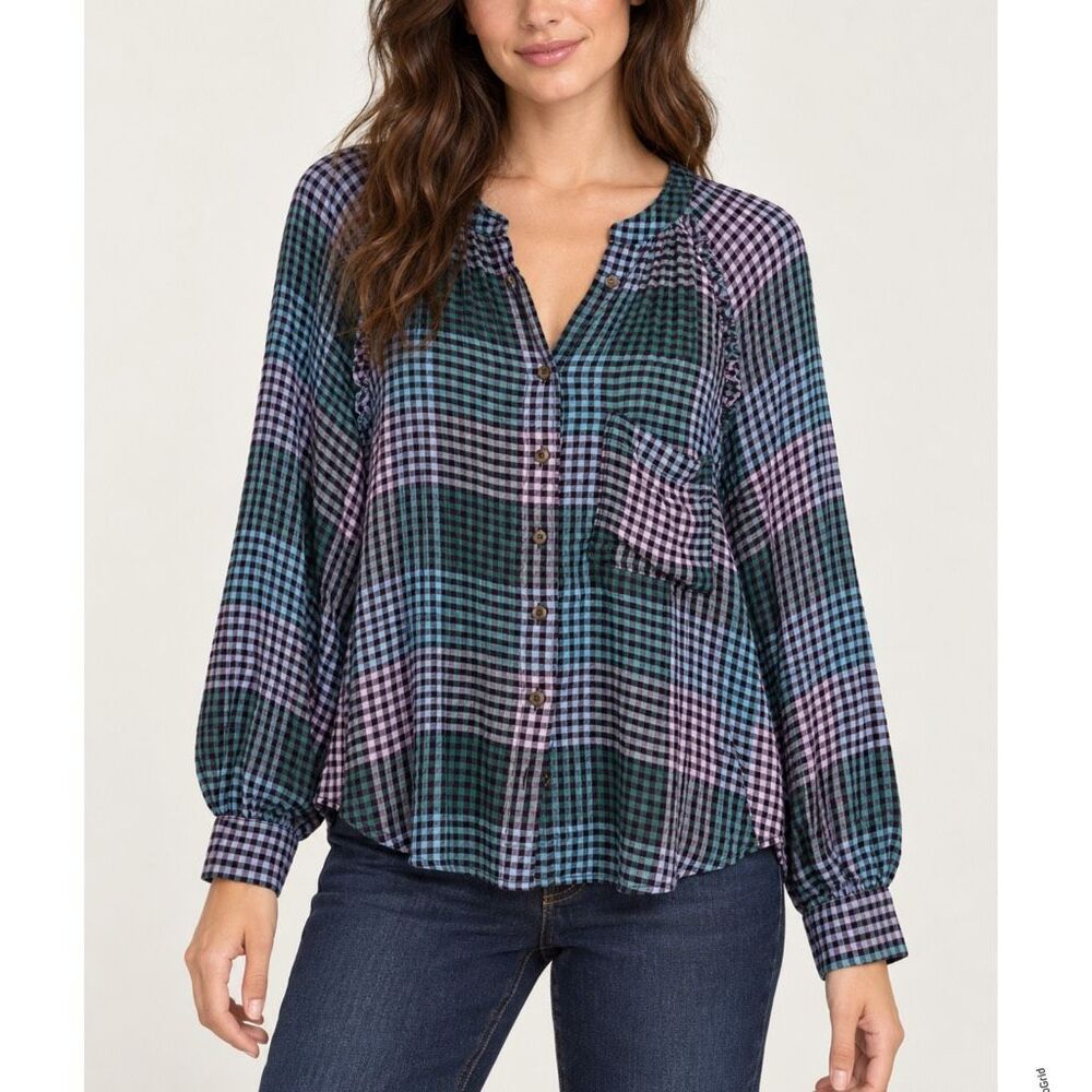 Anthropologie Pilcro Plaid Ruffle Raglan Blouse Purple Blue Large Women